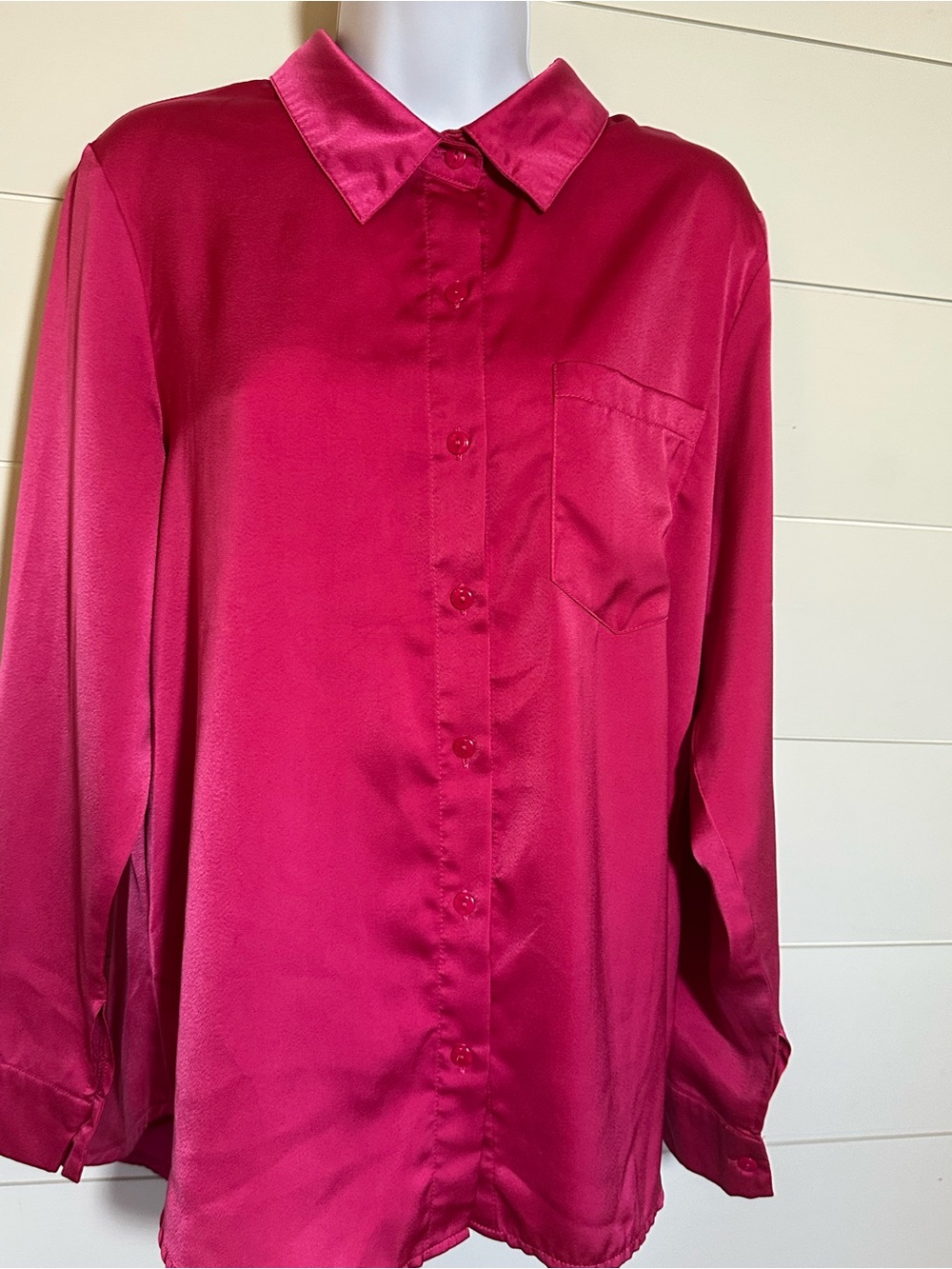 Satin Button-Down Shirt - Fuchsia Pink